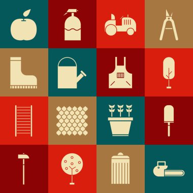 Elektrikli testere bahçesi küreği ya da kürek Ağaç Sulama kutusu su geçirmez lastik çizme Apple ve Mutfak önlüğü ikonu. Vektör.