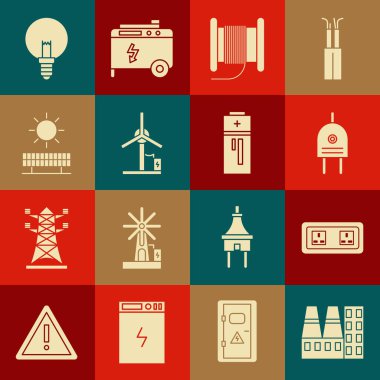 Elektrik santrali ve fabrika prizini ayarlayın. Elektrik prizi, elektrik kablosu, davul, rüzgar türbini güneş enerjisi paneli ampul ve batarya ikonu. Vektör.