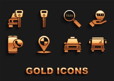 Harita işaretçisini, taksi eli ile birlikte haritaya yerleştir. Taksi, telefon, cam araba kiralama ve anahtar ikonu. Vektör.