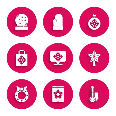 Akıllı telefon ve kar tanesi Meteoroloji termometresi yıldız çelengi kağıt poşet topu ve dünya çapında düşen ikon üzerinde konuşma baloncuğu ile Kar Tanesi 'ni ayarlayın. Vektör.