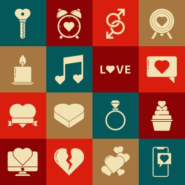 Smartphone 'u kalp konuşma baloncuğu ile ayarla. Örneğin ve erkek cinsiyet sembolü. Müzik notaları. Mumları yakan kalpler. Vektör.