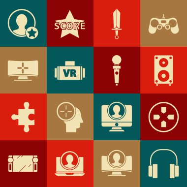 Oyun için kulaklıkları ayarla Gamepad Stereo hoparlör Kılıcı Sanal gerçeklik gözlükleri bilgisayar monitörü Premium hesap ekranı ve Joystick oyun makinesi simgesi oluşturur. Vektör.