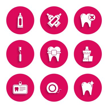 Diş teli diş ipi diş ipi beyazlatma konseptiyle diş fırçası, ağız gargarası plastik şişe, diş fırçası, diş fırçası ve tüp ikonu. Vektör.