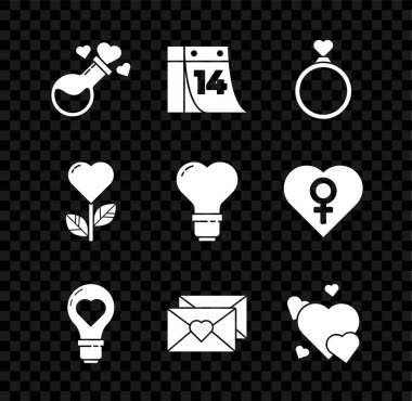 Aşk iksiri Takvimi ile 14 Şubat Alyansları Kalp şeklinde ampul Zarfı Sevgililer Günü kalp çiçeği ve ikonu. Vektör.