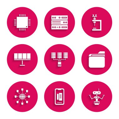 Sunucu Veri Sunucusu Web Sunucusu Akıllı Telefon Cep Telefonu Robot Belgesi Sosyal Ağ Sosyal Ağ Enerji Paneli Mikroskobu ve İşlemci 'yi mikro devre işlemci simgesi ile ayarla. Vektör.