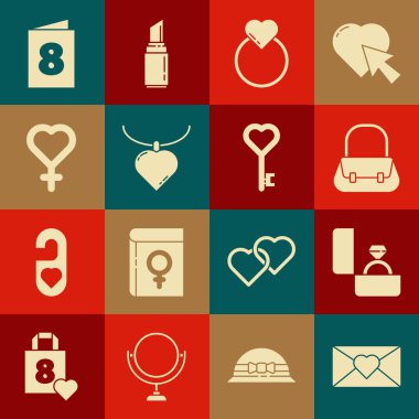 Zarfı 8 Mart Elmas Nişan Yüzüğüyle Ayarla El Çantası Alyansları Kolye şeklinde kolye şeklinde kadın cinsiyet sembolü Tebrik kartı ve Anahtar ikonu. Vektör.