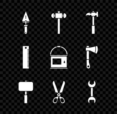 Trowel Balyoz Pençesi Makas Anahtarı Anahtarı Cetvel ve Boya Kovası ikonunu ayarla. Vektör.