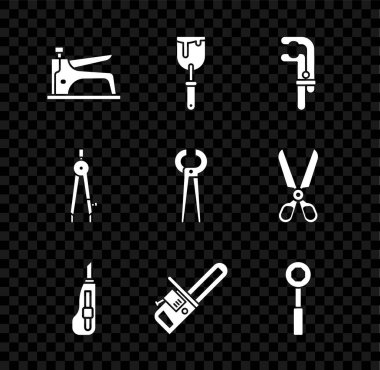 İnşaat zımbası zımbası, macun bıçağı kıskacı, kırbaç kıracağı anahtarlarını pusula, kıskaç ve kerpeten simgesini ayarla. Vektör.