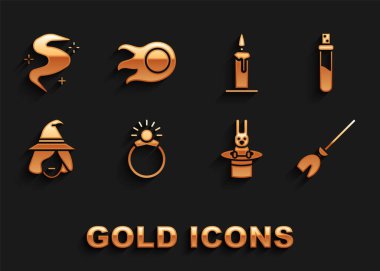 Sihirli taş yüzüğü mücevher şişesi aşk iksiri cadıların süpürge sihirbaz şapkası ve tavşan şamdan sisi ya da duman ve ateş topu ikonu ile ayarla. Vektör.