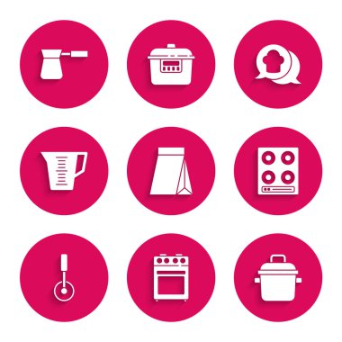 Kahve çekirdeği torbasını fırını ocağı ocağı fırını, pizza bıçağı ölçme kabı aşçı şapkası konuşma balonu ve kahve ikonu hazırla. Vektör.