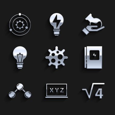 Virüs XYZ Koordinat Sistemi kök 4 glifi elektrik paneli molekül ampulünü konsept fikir tübü, deney tüpü ve güneş ikonu ile ayarla. Vektör.