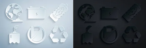 设置拒绝塑料袋海报停止海洋污染喷出瓶子回收利用符号汽车电池和地球及植物图标 — 图库矢量图片
