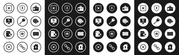 Imposta Badge Identificativo Key Monitor Scudo Computer Safe Globe Key — Vettoriale Stock