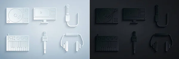 Set Micrófono Audio Jack Música Sintetizador Auriculares Grabadora Vídeo Editor — Vector de stock