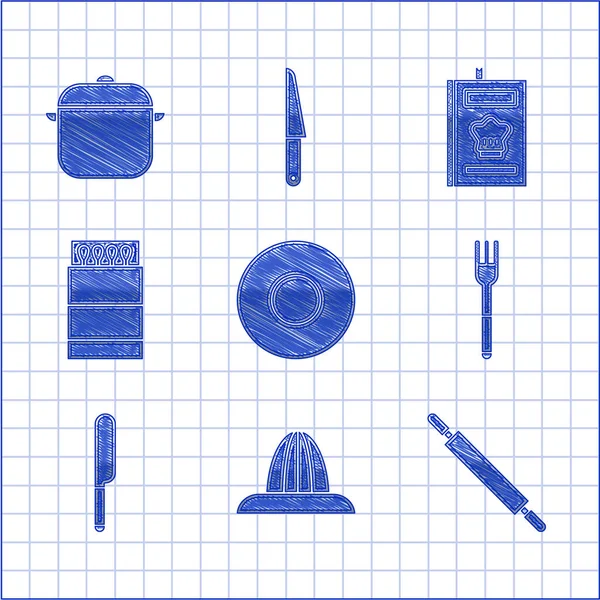 Set Plate Citrus Juicer Rolling Pin Fork Knife Abrir Caja — Archivo Imágenes Vectoriales