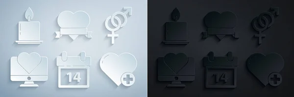 设置日历与2月14日性别电脑监控心脏和缎带和燃烧蜡烛图标 — 图库矢量图片