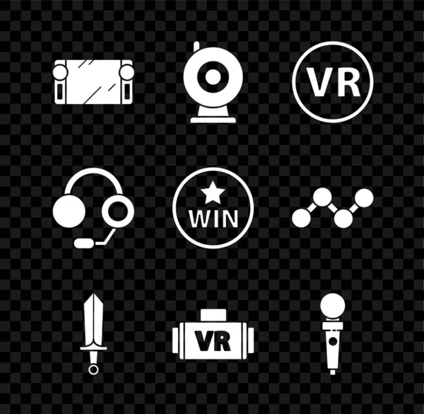 ポータブルビデオゲームコンソールを設定Webカメラ仮想現実の眼鏡剣ジョイスティックアーケードマシンのヘッドフォンとメダルアイコン ベクトル — ストックベクタ
