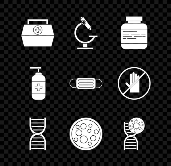 Set Trousse Premiers Soins Microscope Flacon Médicament Pilules Symbole Adn — Image vectorielle