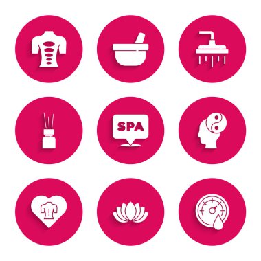 Spa salonu Lotus çiçeği Sauna termometresi Yin Yang Masaj Aroma dağıtıcı duş başlığı ve taş terapi ikonu. Vektör.