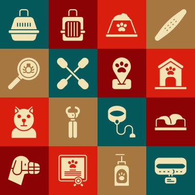 Yaka etiketini Pet bed Dog evi ve pençe izli yiyecek çanağı pamuğundan kulaklar için örnek al Flea arama çantası ve evcil hayvan tımarlama ikonu. Vektör.