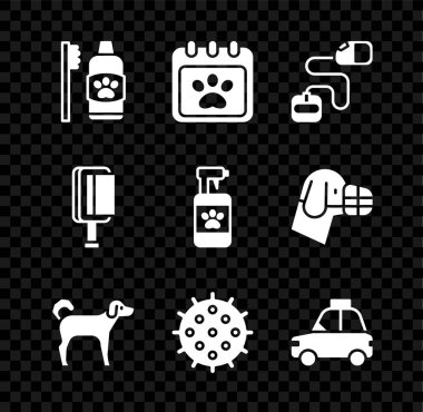 Takvim Takvimi için diş hijyenini ayarlayın. Köpek tasması, Tenis topu, araba taksisi, saç fırçası, kedi ve şampuan ikonu. Vektör.