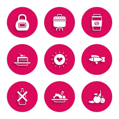 Sağlıklı yiyecek hazırla. Meyve Balığı. Alkolsüz kahve fincanı ve Kettlebell ikonu. Vektör.