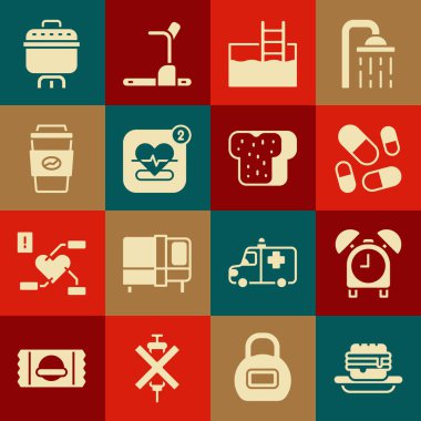 Junk yiyecek alarmını, vitamin hapı yüzme havuzunu, merdiven gezici kalp atış hızıyla kahve bardağını, tencere ve ekmek kızartma ikonuna ayarlayın. Vektör.