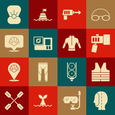 Dalış başlığı ceketi, el feneri, zıpkın, kamera, deniz kabuğu, inci ve dalgıç giysisi ikonu hazırla. Vektör.