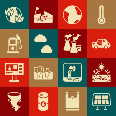 Güneş enerjisi panelini kurak araba dünya küre bulutu benzini ya da küresel ısınma istasyonu yangını ve fabrika ikonundan çıkan dumanı ayarla. Vektör.