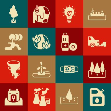 Benzin deposunu, benzin deposu egzoz lambası için ayarlayın. Küresel ısınma, ateş fıçısı, yağ sızıntısı, ağaç ve pil ikonu. Vektör.