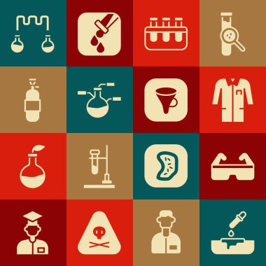 Petri kabını pipette güvenlik gözlükleri laboratuvar üniforması test tüpü, propan gazı deposu ve huni filtre ikonu ile ayarla. Vektör.