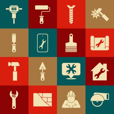 Elektrikli elektrikli testere tamir kağıdı ve metal vida Mobil vida servisi Rasp metal dosya matkabı ve boya fırçası simgesini ayarla. Vektör.