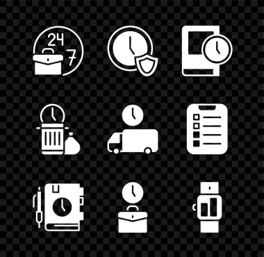 Günlük Kağıt Not Defteri için Kalkan Zamanı ile Her Zaman Meşgul Saati Ayarla Çalışma Zamanı Smartwatch Harcama ve Teslim simgesi. Vektör.