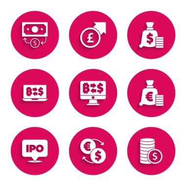 Kripto döviz parasını dolar euro sembolü IPO çanta ve kağıt para ikonu ile değiştir. Vektör.