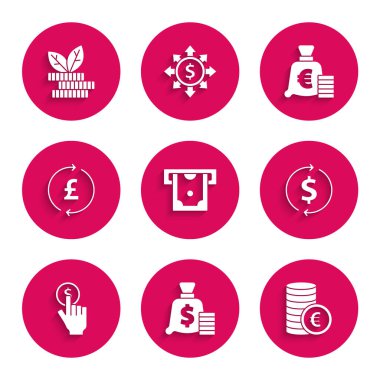 Para ve ATM 'yi Euro sembollü madeni para çantasına, madeni para dolarına, para basma eline ve dolar bitki ikonuna çevir. Vektör.