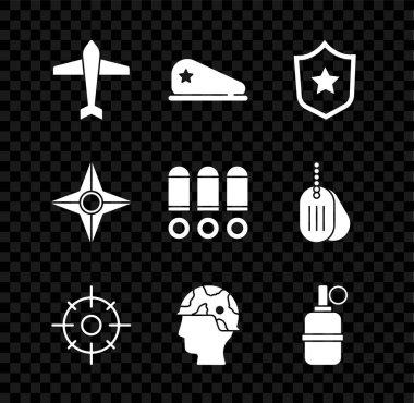 Jet savaş uçağı askeri beresi ödül madalyası. Hedef, Japon ninja shuriken ve kurşun ikonu. Vektör.