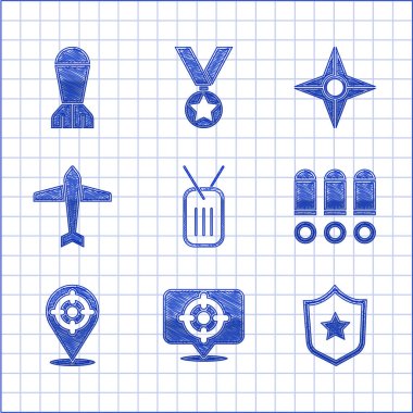 Askeri künye, hedef spor ödül madalyası. Kurşun Jet savaşçısı Japon ninja shuriken ve Havacılık bomba ikonu. Vektör.