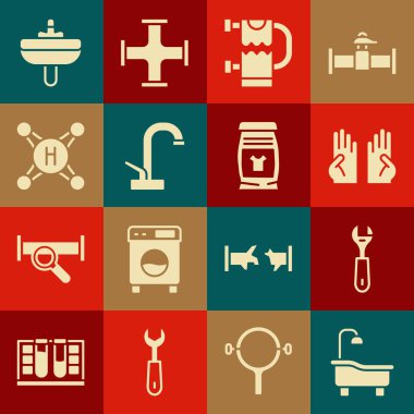 Küvet anahtarı, lastik eldiven ısıtmalı havlu tırabzanı, musluk lavabosu ve deterjan ikonunu ayarla. Vektör.