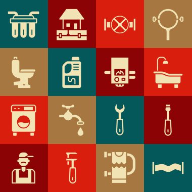 Endüstri metalik boru tornavida küveti ve vanalı lavabo açıcı şişe temizleyicisi klozet suyu filtresi ve gaz kazanının ikonunu ayarla. Vektör.