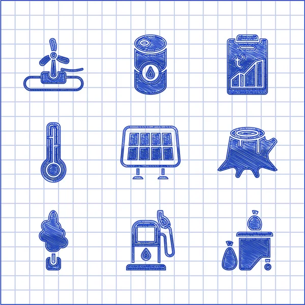 Güneş enerjisi panelini ya da benzin istasyonunu Meteoroloji Termometresi Küresel Isınma ve Rüzgar türbini simgesini tam çöp kovası olarak ayarla. Vektör.