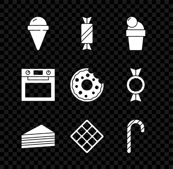 Dondurmayı waffle külahına, çikolatalı waffle 'a, Noel şekerli fırına ve çörek ikonuna koy. Vektör.