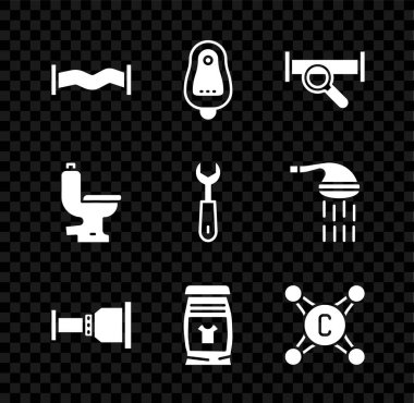 Endüstri metalik boruyu tuvalet pisuarı ya da sidik borusu adaptörü deterjan deterjanı su kabı ve anahtar simgesini ayarla. Vektör.