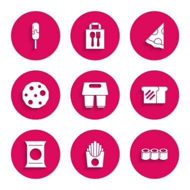 Kahve fincanını patates kızartmasına çevir. Suşi ekmekli tost ya da patates cipsli kurabiye dilimli pizza ve dondurma ikonu olsun. Vektör.