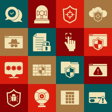 Kredi kartı tarayıcısını ünlem işareti kalkan belgesi ile ayarla ve takma isimle pencere kontrol konuşma balonu ve parmak izi simgesini kilitle. Vektör.