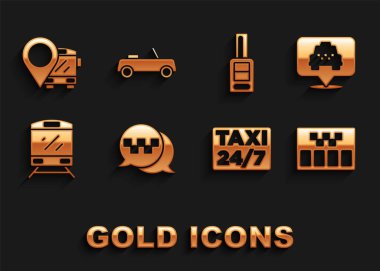 Taksi Taksimetre Tren Otomobili 'nin uzaktan kumandalı otobüsü ve simgesi ile telefon hizmeti konumunu ayarlayın. Vektör.