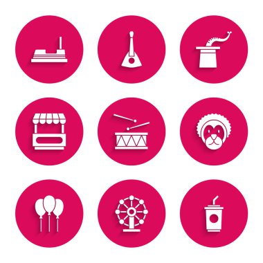 Davulları bagetlerle hazırla. Dönme dolap kağıt su Vahşi aslan balonları kurdele Fast sokak yemek arabası sihirbaz şapkası ve Bumper ikonu. Vektör.