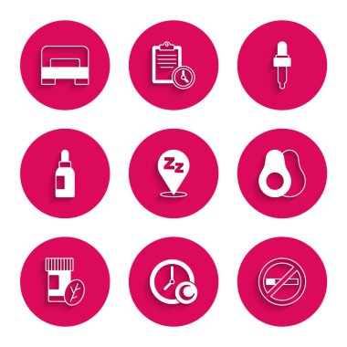 Uyku Saati 'ni uyumak için ayarla Sigara içmeyen Avokado meyvesi yok Vitamin hapı Pipette ve büyük yatak ikonu. Vektör.