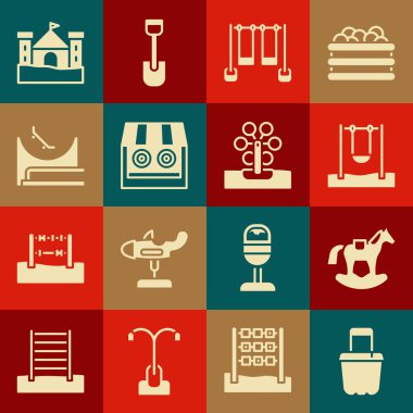 Kovada kum at eyeri salıncak çift atış galerisi kaykay parkı kalesi ve dönme dolap ikonu. Vektör.