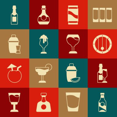 Bira şişesi şampanya ve cam tahta varil bira bardağı kokteyl karıştırıcı ve şarap ikonu. Vektör.