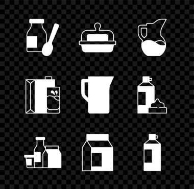 Şişede yoğurt içmek tereyağı tereyağı sütü sütü ya da krema ve ikon sütü için kağıt paketi. Vektör.